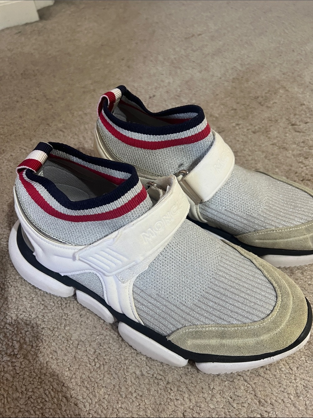 Moncler Light Gray Knit Sock Sneakers with Navy & Red Stripes